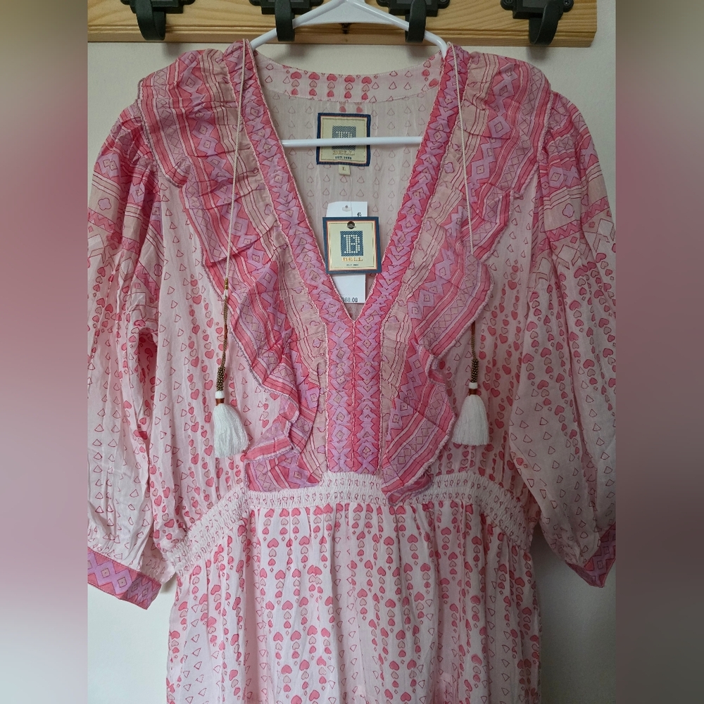 Bell Rain‎ Light Past pink Multi Puff Sleeve Mini Dress Silk Sz Large - Picture 6 of 12